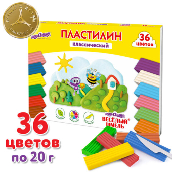 картинка Пластилин классический ЮНЛАНДИЯ "ВЕСЁЛЫЙ ШМЕЛЬ", 36 цветов, 720 грамм, СО СТЕКОМ, ВЫСШЕЕ КАЧЕСТВО, 106434 от магазина МОЛТИ