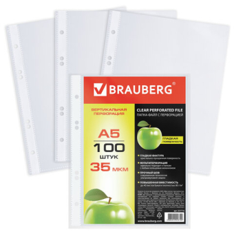 картинка Папки-файлы МАЛОГО ФОРМАТА (148х210 мм), А5, ВЕРТИКАЛЬНЫЕ, КОМПЛЕКТ 100 шт., 35 мкм, BRAUBERG, 221714 от магазина МОЛТИ