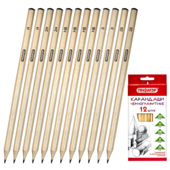 картинка Карандаши чернографитные чертежные школьные разной твердости НАБОР 12 штук 2H-2B, ПИФАГОР, 181883 от магазина МОЛТИ