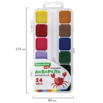 картинка Краски акварельные BRAUBERG KIDS, медовые, 24 цвета, квадратные кюветы, пластиковый пенал, 192284 от магазина МОЛТИ