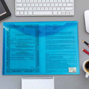 картинка Папка-конверт с кнопкой БОЛЬШОГО ФОРМАТА (305х435 мм), А3, прозрачная, синяя, 0,18 мм, BRAUBERG, 224034 от магазина МОЛТИ