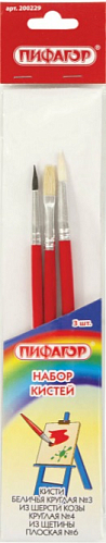 Кисти ПИФАГОР, НАБОР 3шт., (беличья круглая № 3, коза кругл. № 4, из щетины плоская № 6), 200229