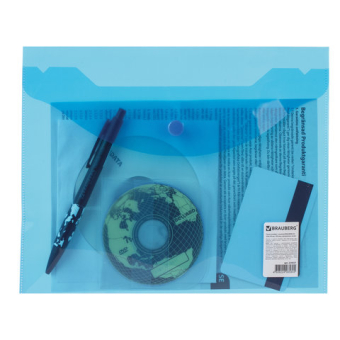 картинка Папка-конверт с кнопкой МАЛОГО ФОРМАТА (240х190 мм), А5, прозрачная, синяя, 0,18 мм, BRAUBERG, 224027 от магазина МОЛТИ