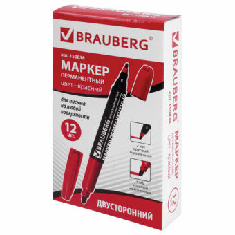 картинка Маркер перманентный двусторонний BRAUBERG, КРАСНЫЙ, круглый наконечник 2/4 мм, 150838 от магазина МОЛТИ