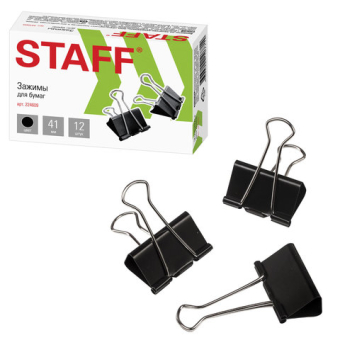 картинка Зажимы для бумаг STAFF" EVERYDAY", КОМПЛЕКТ 12 шт., 41 мм, 200 листов, черные, картонная коробка, 224609 от магазина МОЛТИ