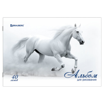 картинка Альбом для рисования, А4, 40 листов, скоба, обложка картон, BRAUBERG, 200х283 мм, "Благородные кони" (2 вида), 103728 от магазина МОЛТИ