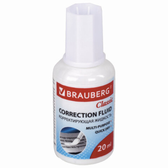 картинка Корректирующая жидкость BRAUBERG "Classic", быстросохнущая, 20 мл, с кисточкой, 220255 от магазина МОЛТИ