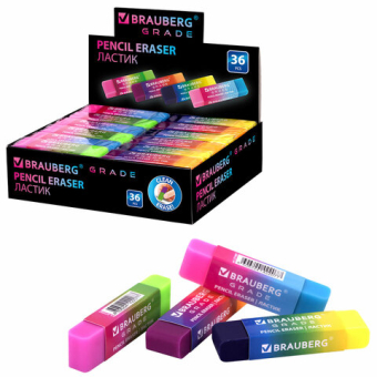 картинка Ластик полупрозрачный BRAUBERG "Grade", 60x15x10 мм, картонный держатель, цвет ассорти, 271997 от магазина МОЛТИ