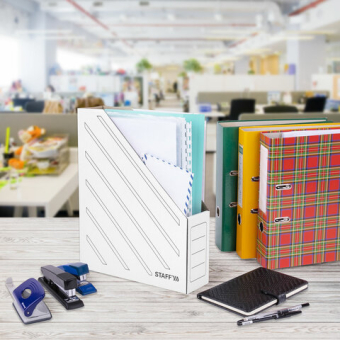 картинка Лоток вертикальный для бумаг (260х320 мм), 75 мм, до 700 листов, микрогофрокартон, STAFF, БЕЛЫЙ, 128881 от магазина МОЛТИ