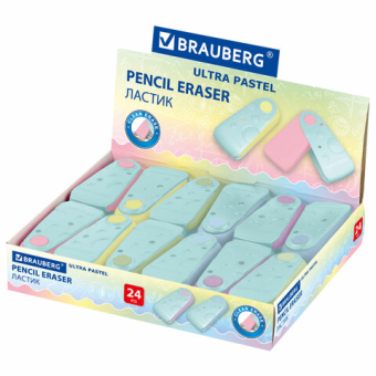 картинка Ластик BRAUBERG "ULTRA PASTEL", 57х24х15 мм, пастельные цвета ассорти, бирюзовый пластиковый держатель, 272688 от магазина МОЛТИ