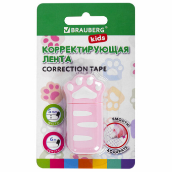 картинка Корректирующая лента BRAUBERG KIDS "ЛАПКИ", 5 мм х 6 м, корпус розовый, блистер, 272497 от магазина МОЛТИ