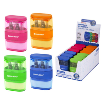 картинка Точилка с ластиком 2 в 1 BRAUBERG "Double", 2 отверстия, яркие цвета корпуса ассорти, 271987 от магазина МОЛТИ