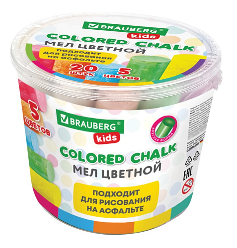 Мел в ведерке для рисования на асфальте 20 штук, 5 цветов, цветной круглый, BRAUBERG KIDS, 272773