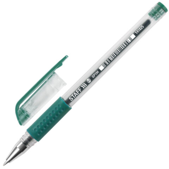 картинка Ручка гелевая STAFF, корпус прозрачный, узел 0,5мм, линия 0,35мм, резиновый упор, зеленая, 141825 от магазина МОЛТИ