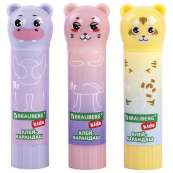 картинка Клей-карандаш "Пастельные зверята: мышка, тигр, бегемот" 9 г, фиг.  колпачок, BRAUBERG KIDS, 271140 от магазина МОЛТИ