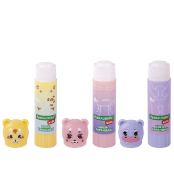 картинка Клей-карандаш "Пастельные зверята: мышка, тигр, бегемот" 9 г, фиг.  колпачок, BRAUBERG KIDS, 271140 от магазина МОЛТИ