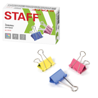 картинка Зажимы для бумаг STAFF "Profit", КОМПЛЕКТ 12 шт., 41 мм, на 200 листов, цветные, картонная коробка, 225159 от магазина МОЛТИ