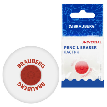 картинка Ластик BRAUBERG "Universal", 30х30х8 мм, белый, круглый, красный пластиковый держатель, 222472 от магазина МОЛТИ