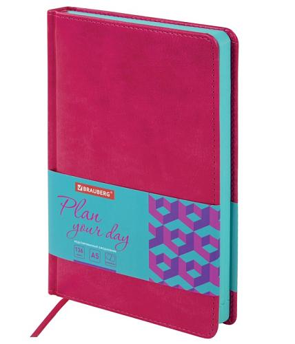 Ежедневник недатированный А5 138х213 мм BRAUBERG "Rainbow" под кожу, 136 л., розовый, 111665