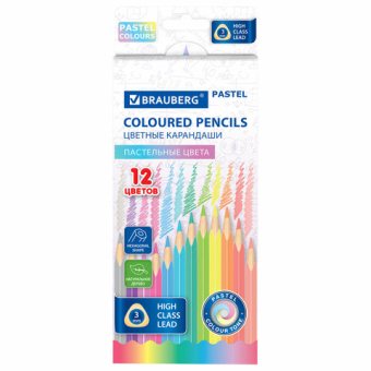 картинка Карандаши цветные BRAUBERG PASTEL, 12 пастельных цветов, трехгранные, грифель 3 мм, натуральное дерево, 181850 от магазина МОЛТИ