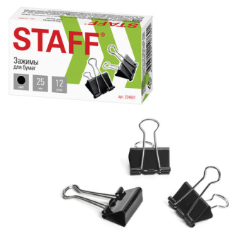 картинка Зажимы для бумаг STAFF "EVERYDAY", КОМПЛЕКТ 12 шт., 25 мм, на 100 листов, черные, картонная коробка, 224607 от магазина МОЛТИ