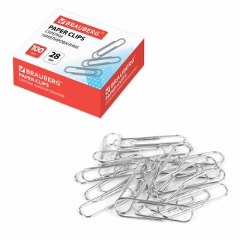 картинка Скрепки BRAUBERG, 28 мм, никелированные, 100 шт., в картонной коробке, Россия, 221523 от магазина МОЛТИ