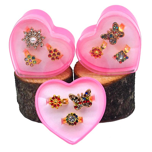 Набор колец  2453-7/10 (24) Цветок из камней в коробках 3 шт. сердечках 6х2,5х9см.