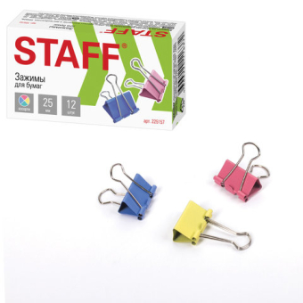 картинка Зажимы для бумаг STAFF "Profit", КОМПЛЕКТ 12 шт., 25 мм, на 100 листов, цветные, картонная коробка, 225157 от магазина МОЛТИ