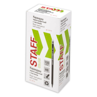 картинка Карандаш чернографитный STAFF "College" BLP-712, 1 шт., НВ, с ластиком, пластик, корпус черный, 181712 от магазина МОЛТИ