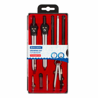 картинка Готовальня BRAUBERG "Architect", 9 предметов: циркуль + измер + кронциркуль, рейсфедер + держатель, 2 вставки, удлинитель, грифель, 210353 от магазина МОЛТИ