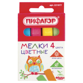 картинка Мел цветной квадратный 4 штуки, ПИФАГОР, картонная упаковка, европодвес, 221977 от магазина МОЛТИ