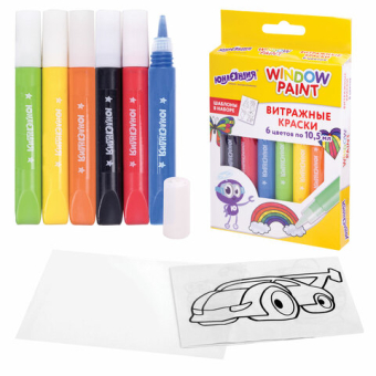 картинка Краски витражные ЮНЛАНДИЯ, 6 ярких цветов, 6 туб по 10,5 мл, шаблоны, 191758 от магазина МОЛТИ