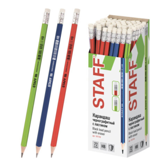 картинка Карандаш чернографитный STAFF "Basic" BLP-744, 1 шт., НВ, с ластиком, пластик, корпус ассорти, 181744 от магазина МОЛТИ