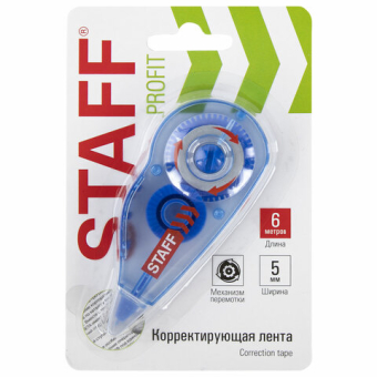 картинка Корректирующая лента STAFF PROFIT, 5 мм х 6 м, механизм перемотки, корпус голубой, блистер, европодвес, 271254 от магазина МОЛТИ