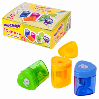 картинка Точилка ЮНЛАНДИЯ "Трио", с контейнером, пластиковая, корпус ассорти, 228438 от магазина МОЛТИ