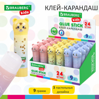 картинка Клей-карандаш "Пастельные зверята: мышка, тигр, бегемот" 9 г, фиг.  колпачок, BRAUBERG KIDS, 271140 от магазина МОЛТИ