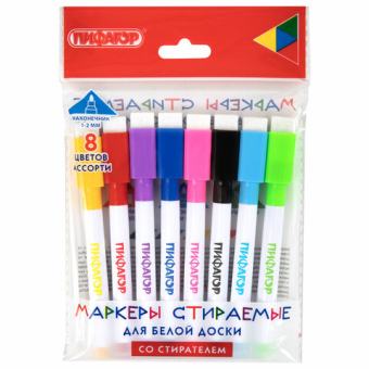 картинка Маркеры стираемые 2 мм для белой доски и планера со стирателем НАБОР 8 ЦВЕТОВ, ПИФАГОР, 152566 от магазина МОЛТИ