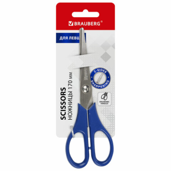 картинка Ножницы BRAUBERG для левши "Left hand", 170 мм, синие, 2-х сторонняя заточка, 236785 от магазина МОЛТИ