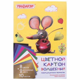 картинка Картон цветной А4 немелованный (матовый), ВОЛШЕБНЫЙ, 10 листов 10 цветов, в папке, ПИФАГОР, 200х290 мм, "Мышонок", 129913 от магазина МОЛТИ