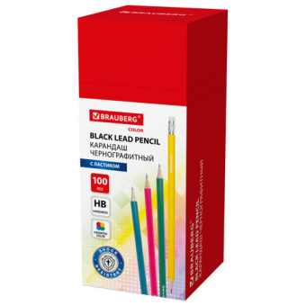 картинка Карандаш чернографитный BRAUBERG, 1 шт., "Fluor", НВ, с ластиком, корпус неоновый ассорти, заточенный, 180613 от магазина МОЛТИ