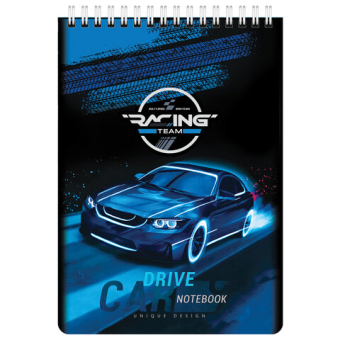 картинка Блокнот А5 (146х206 мм), 60 л., гребень, картон, клетка, BRAUBERG KIDS, "Racing", 114363 от магазина МОЛТИ