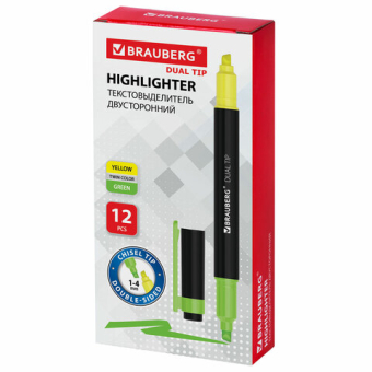 картинка Текстовыделитель двусторонний BRAUBERG, ЖЕЛТЫЙ/ЗЕЛЕНЫЙ, линия 1-4 мм, 150841 от магазина МОЛТИ