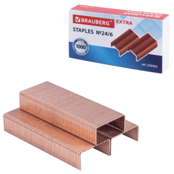 картинка Скобы для степлера медное покрытие №24/6, 1000 штук, BRAUBERG "EXTRA", до 30 листов, 229303 от магазина МОЛТИ