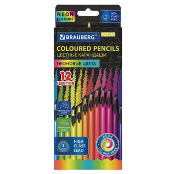 картинка Карандаши цветные BRAUBERG NEON, 12 неоновых цветов, трехгранные, грифель 3 мм, черное дерево, 181852 от магазина МОЛТИ