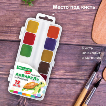 картинка Краски акварельные BRAUBERG KIDS, медовые, 12 цветов, квадратные кюветы, пластиковый пенал, 192282 от магазина МОЛТИ