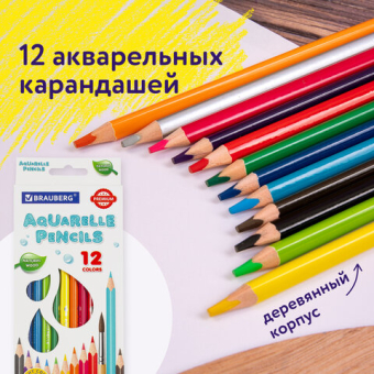 картинка Карандаши цветные акварельные BRAUBERG PREMIUM AQUARELLE, 12 цветов, грифель мягкий 4 мм, 181671 от магазина МОЛТИ