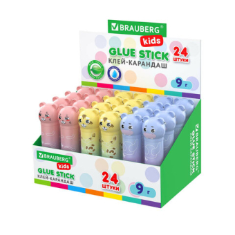 картинка Клей-карандаш "Пастельные зверята: мышка, тигр, бегемот" 9 г, фиг.  колпачок, BRAUBERG KIDS, 271140 от магазина МОЛТИ