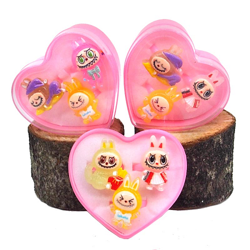 Набор колечк 2453-1 (24) Лабубу  в коробках 3 шт.пластик сердечках 6х2,5х9см.