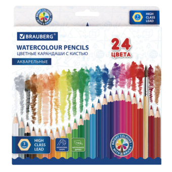 картинка Карандаши цветные акварельные BRAUBERG 24 цвета с КИСТЬЮ, шестигранные, грифель 3 мм, натуральное дерево, 181849 от магазина МОЛТИ