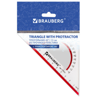 картинка Треугольник пластиковый, угол 45, 13 см, BRAUBERG "Crystal", с транспортиром, прозрачный, с выделенной шкалой, 210293 от магазина МОЛТИ